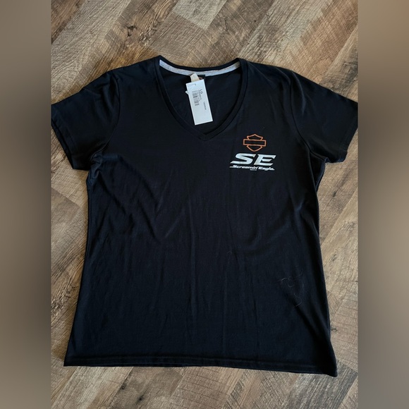 Harley-Davidson Black V-Neck Tee with Orange Logo - Picture 1 of 8